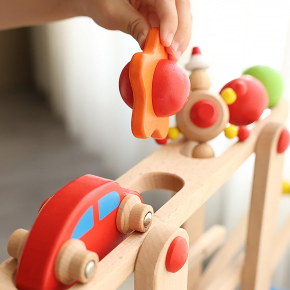 Children Track Slide Car Wooden Rolling Ball Toy with Multi Level Path and Colorful Vehicles and Effect Observation Suitable for and Birthday Gifts