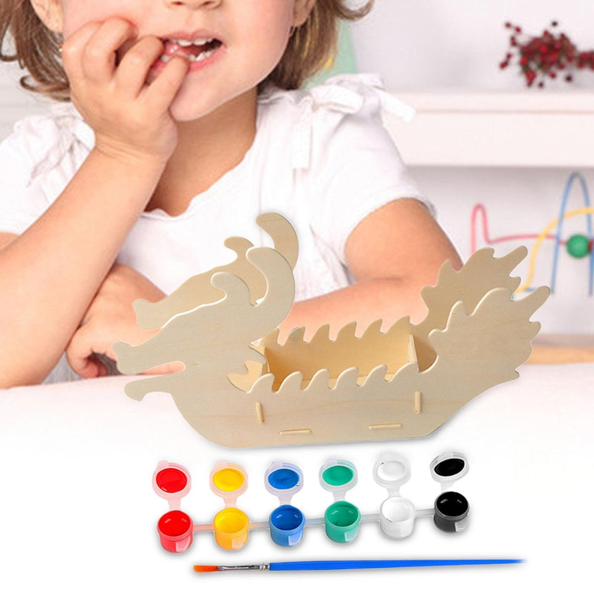 Wooden Dragon Model,Wooden Boat for Painting,Coloring,Doodle Drawing,Kids Handicraft Toy, Dragon Boat C