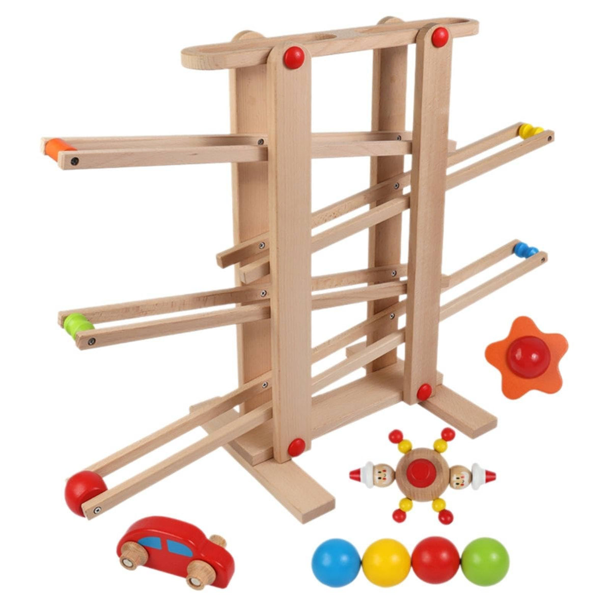Children Track Slide Car Wooden Rolling Ball Toy with Multi Level Path and Colorful Vehicles and Effect Observation Suitable for and Birthday Gifts