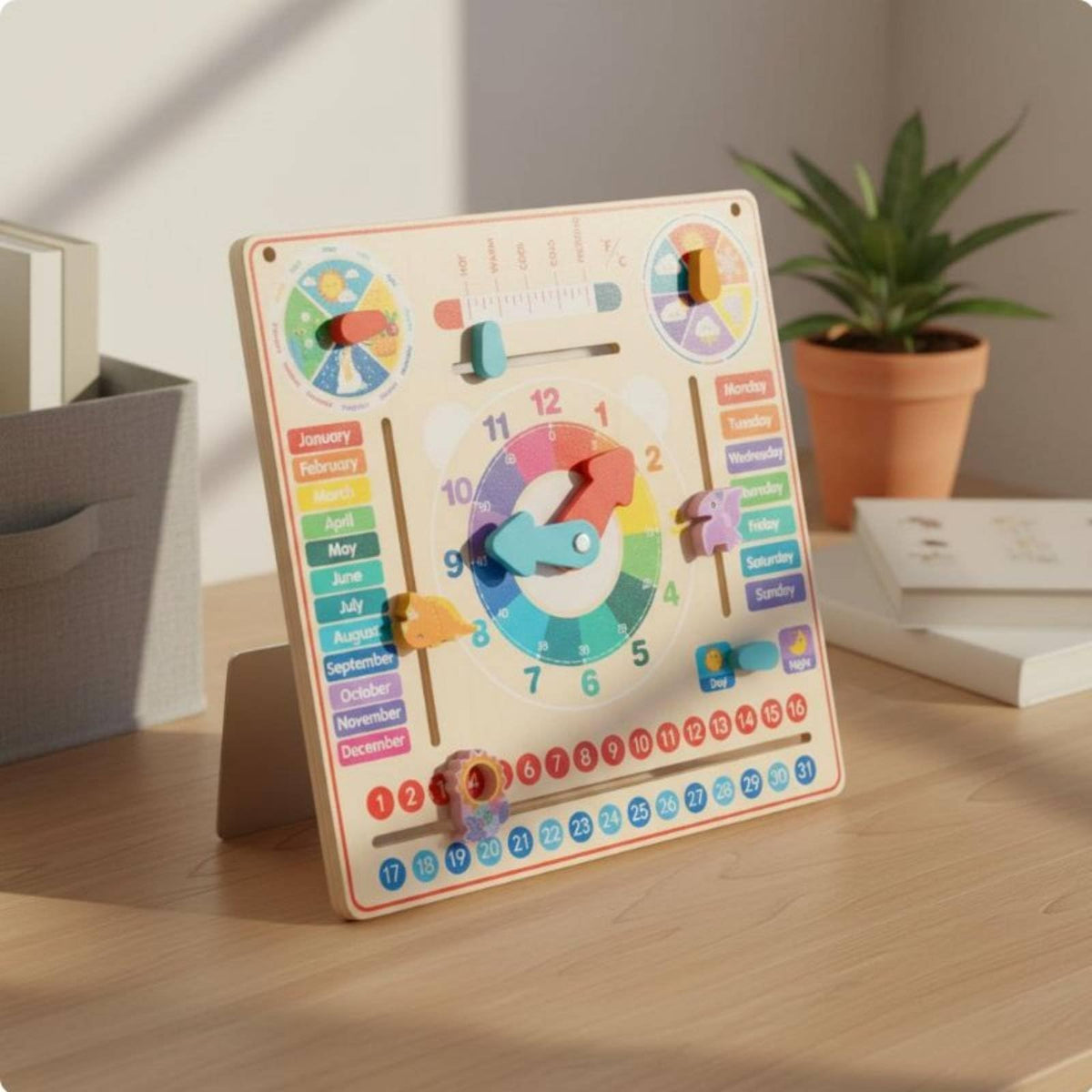 Wooden Calendar Clock Educational Board Time Teaching Toy Learning Board Timepiece with Hand Eye Coordination Practice Suitable for classrooms playrooms Home desks