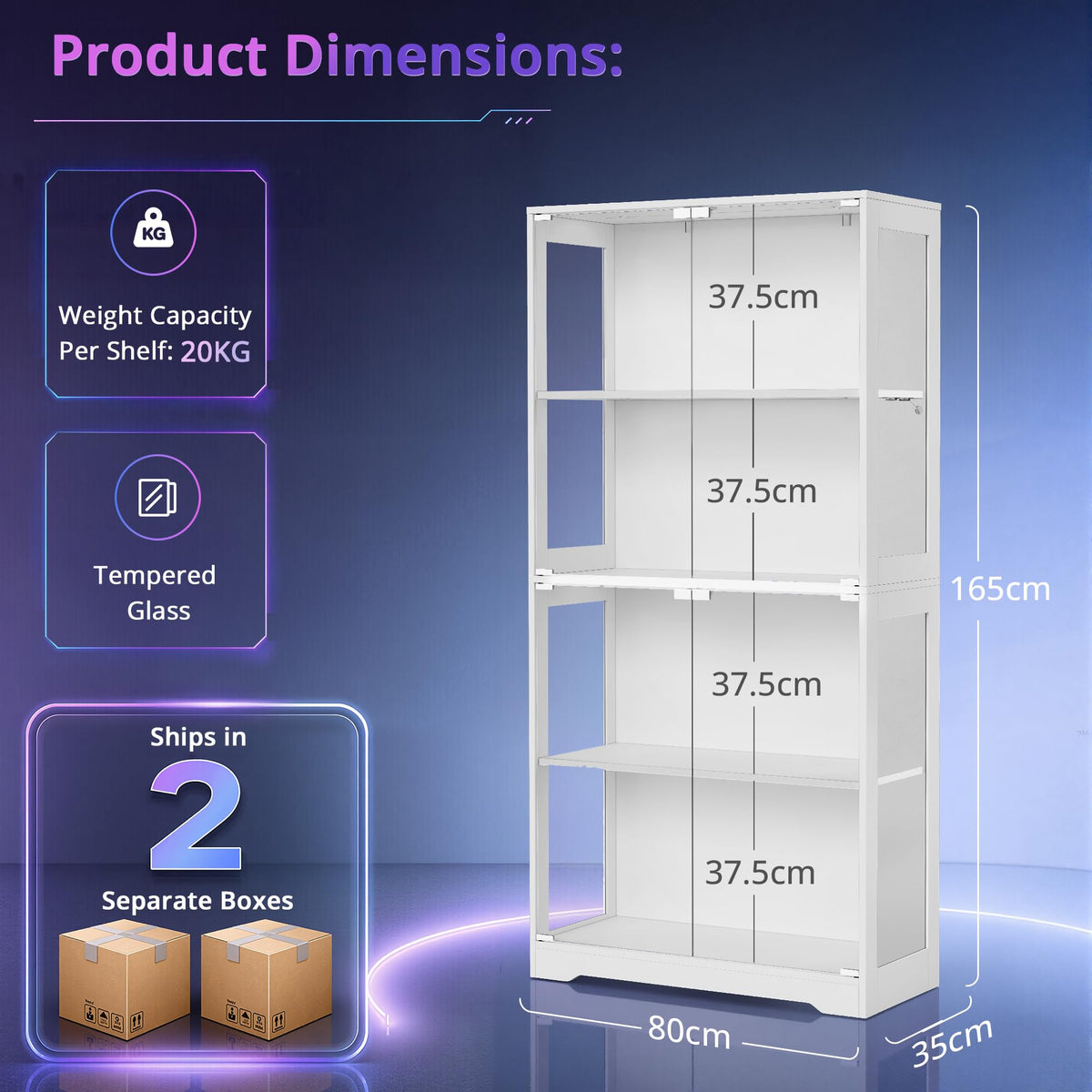 Single Door Glass Display Cabinet White with RGB LED Lighting, Curio Showcase for Collectibles Toys Decor (W80xD35.5xH165cm)