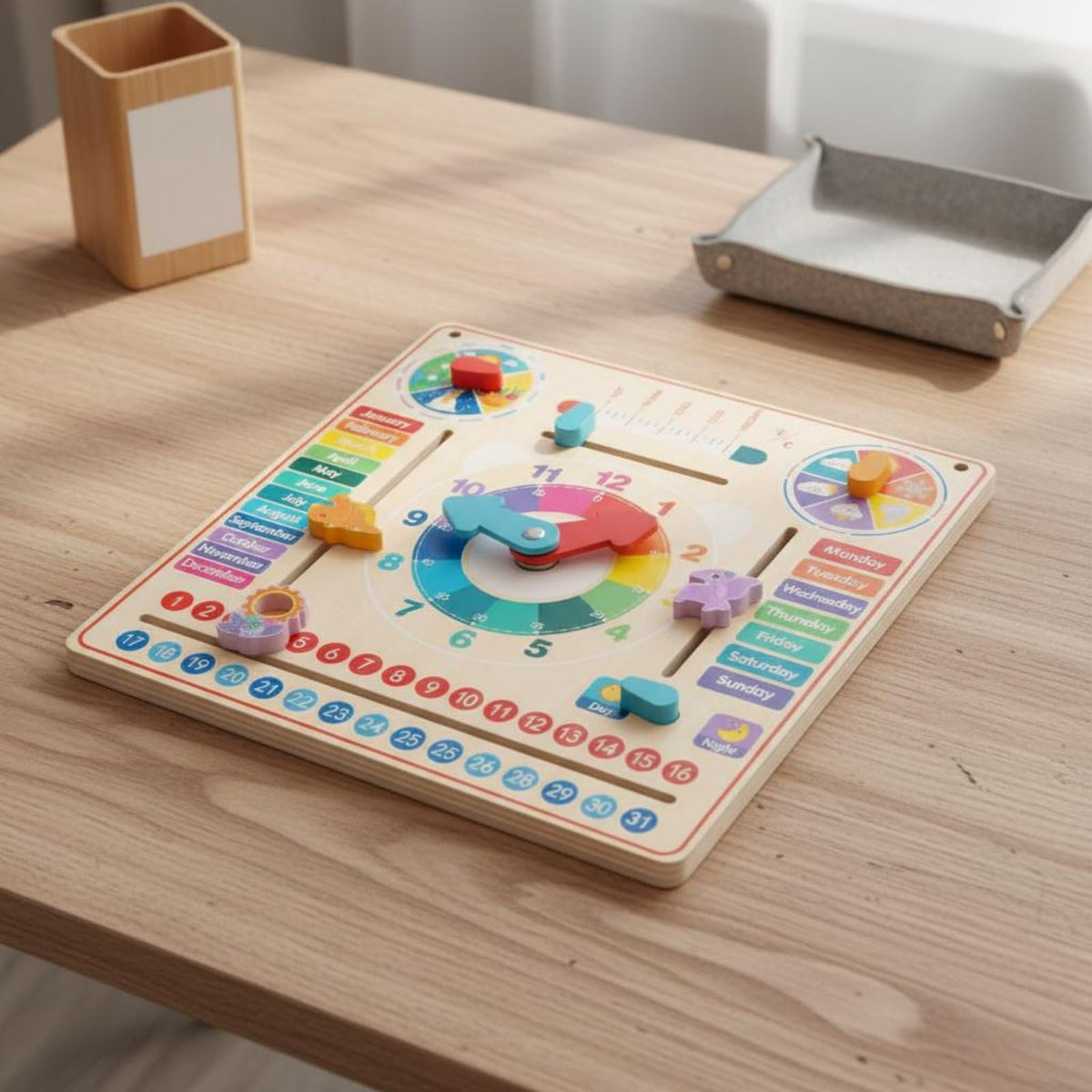 Wooden Calendar Clock Educational Board Time Teaching Toy Learning Board Timepiece with Interactive Date and Month Sliders Suitable for classrooms playrooms Home desks