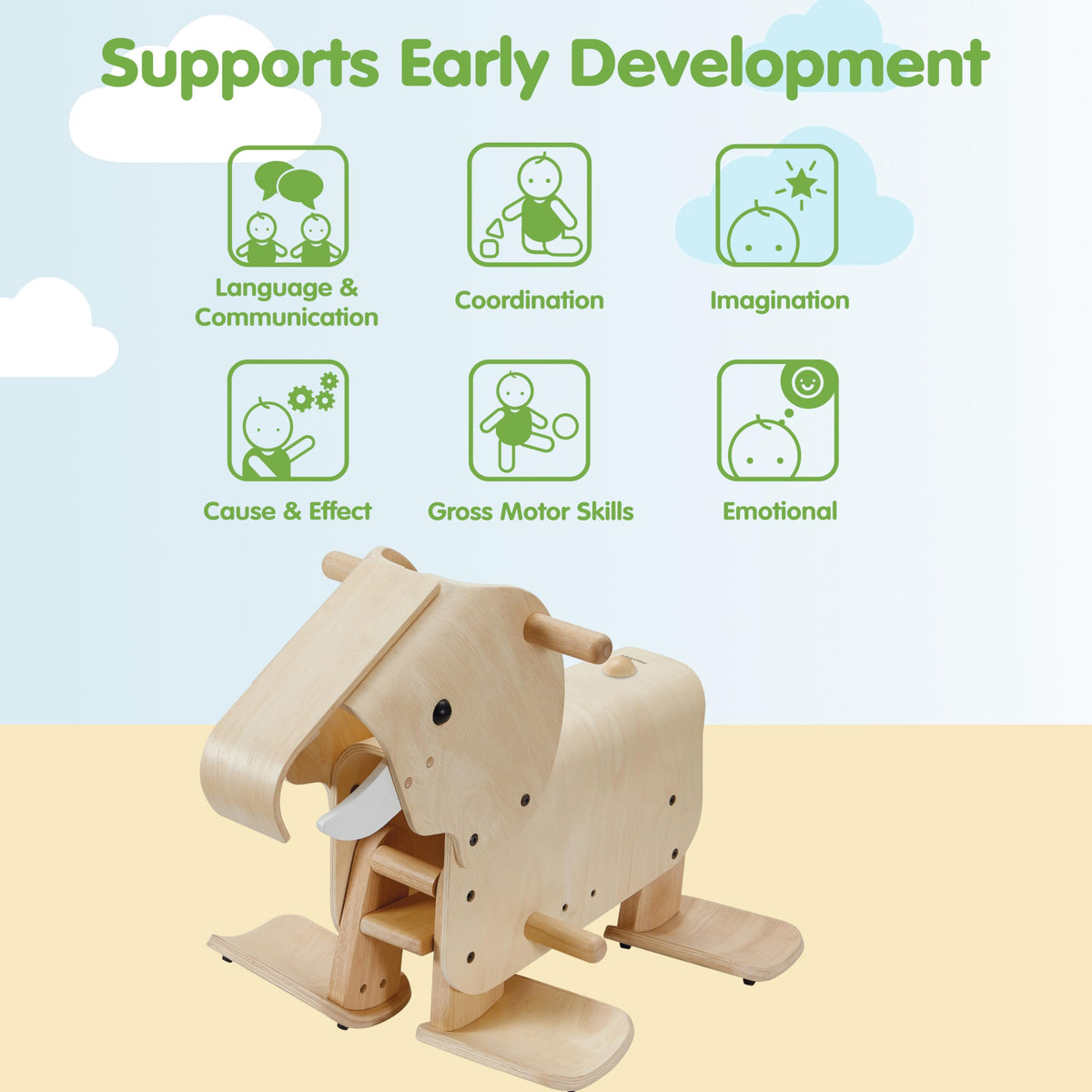 PlanToys® Wooden Walking Elephant Ride-On Toy for Toddlers Balance Kids