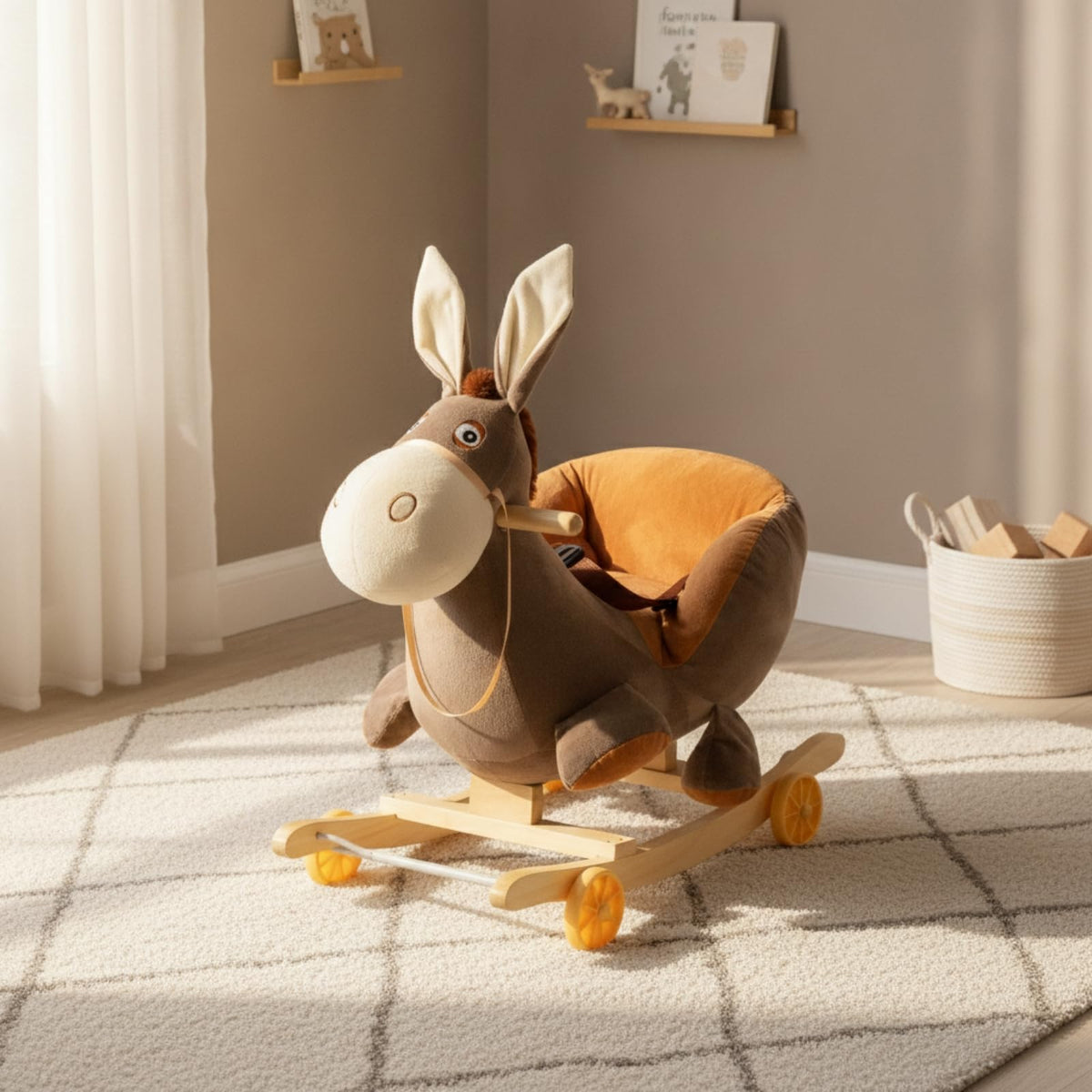 Soft Long-Eared Friend Rocking Toy Stuffed Animal Rocker with Wheels Motor Skill Developing Rocking Horse with Seat Belt for Young Children, Infants