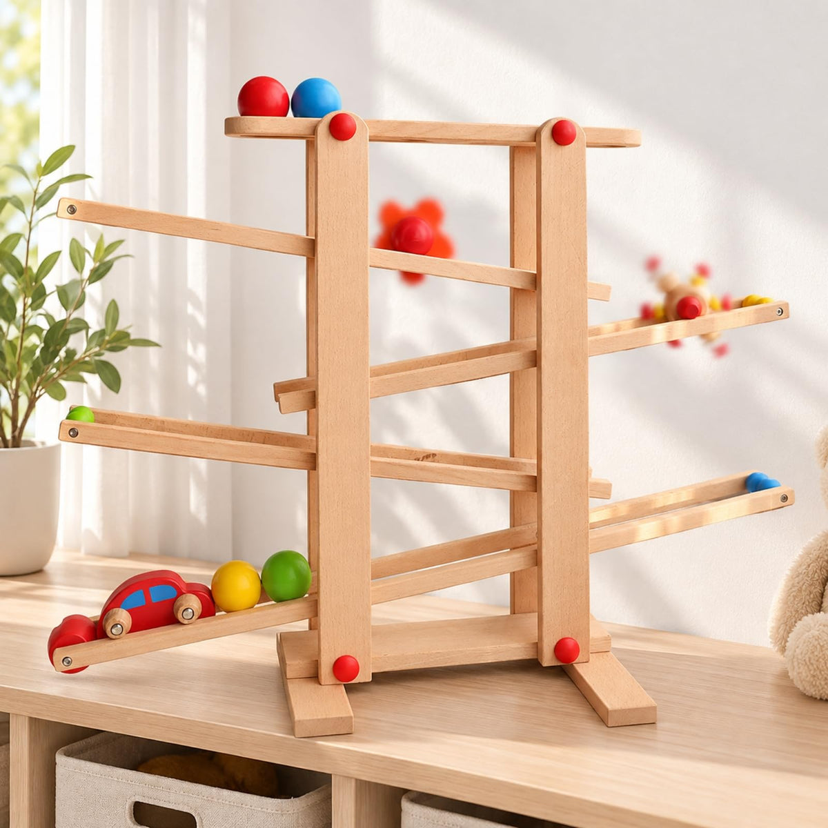 Children Track Slide Car Wooden Rolling Ball Toy with Multi Level Path and Colorful Vehicles and Effect Observation Suitable for and Birthday Gifts