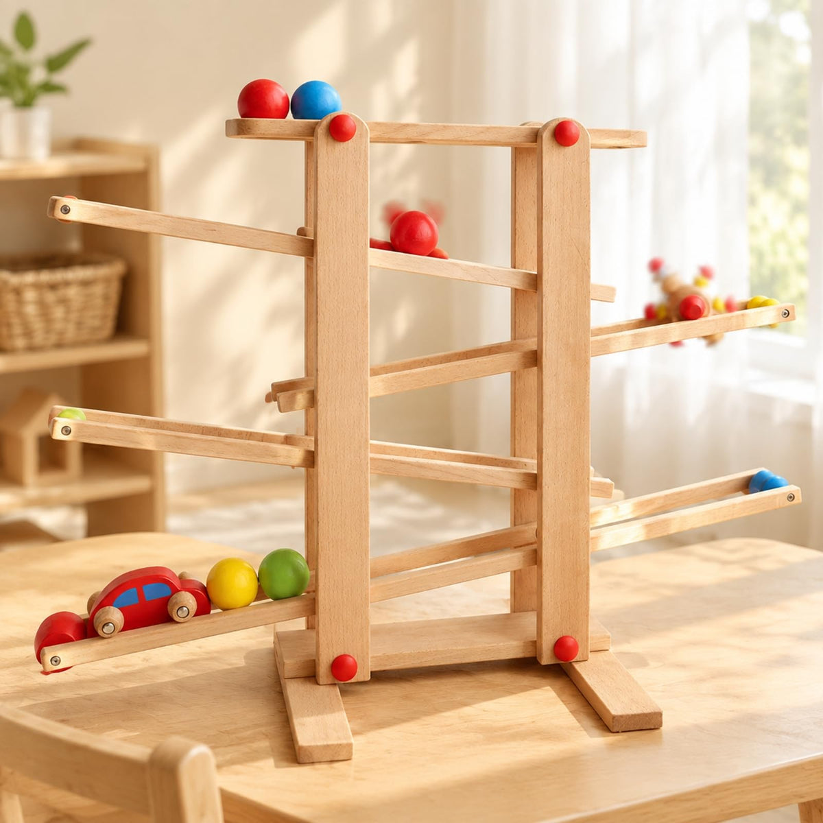 Children Track Slide Car Wooden Rolling Ball Toy with Multi Level Path and Colorful Vehicles and Effect Observation Suitable for and Birthday Gifts