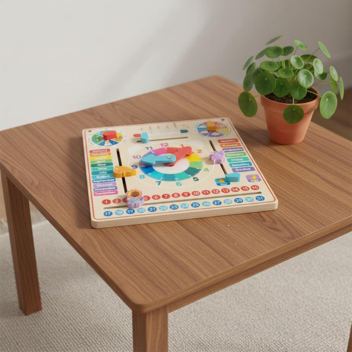 Wooden Calendar Clock Educational Board Time Teaching Toy Learning Board Timepiece with Rotating Dials Temperature and Daylight Tracking Suitable for classrooms playrooms Home desks