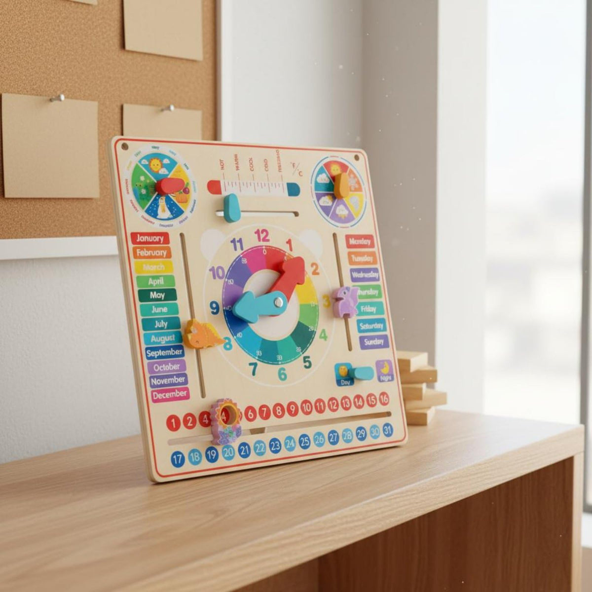 Wooden Calendar Clock Educational Board Time Teaching Toy Learning Board Timepiece with Hand Eye Coordination Practice Suitable for classrooms playrooms Home desks