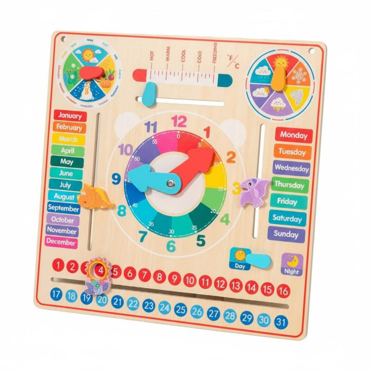 Wooden Calendar Clock Educational Board Time Teaching Toy Learning Board Timepiece with Rotating Dials Temperature and Daylight Tracking Suitable for classrooms playrooms Home desks