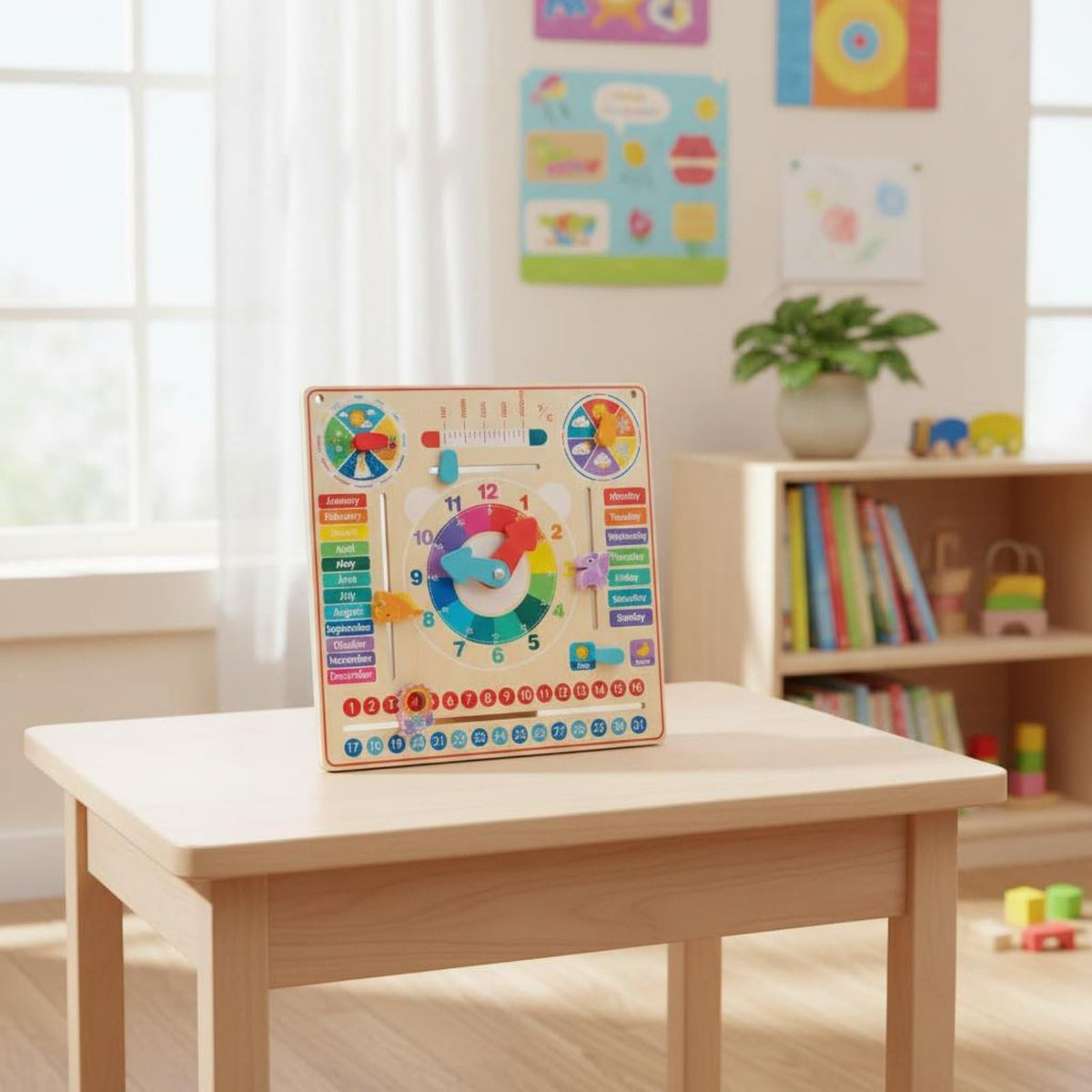 Wooden Calendar Clock Board Educational Kids Learning Toy Preschool Activity Board Large Colorful Clock face with Movable Hands for time Practice Suitable for kindergartens playrooms
