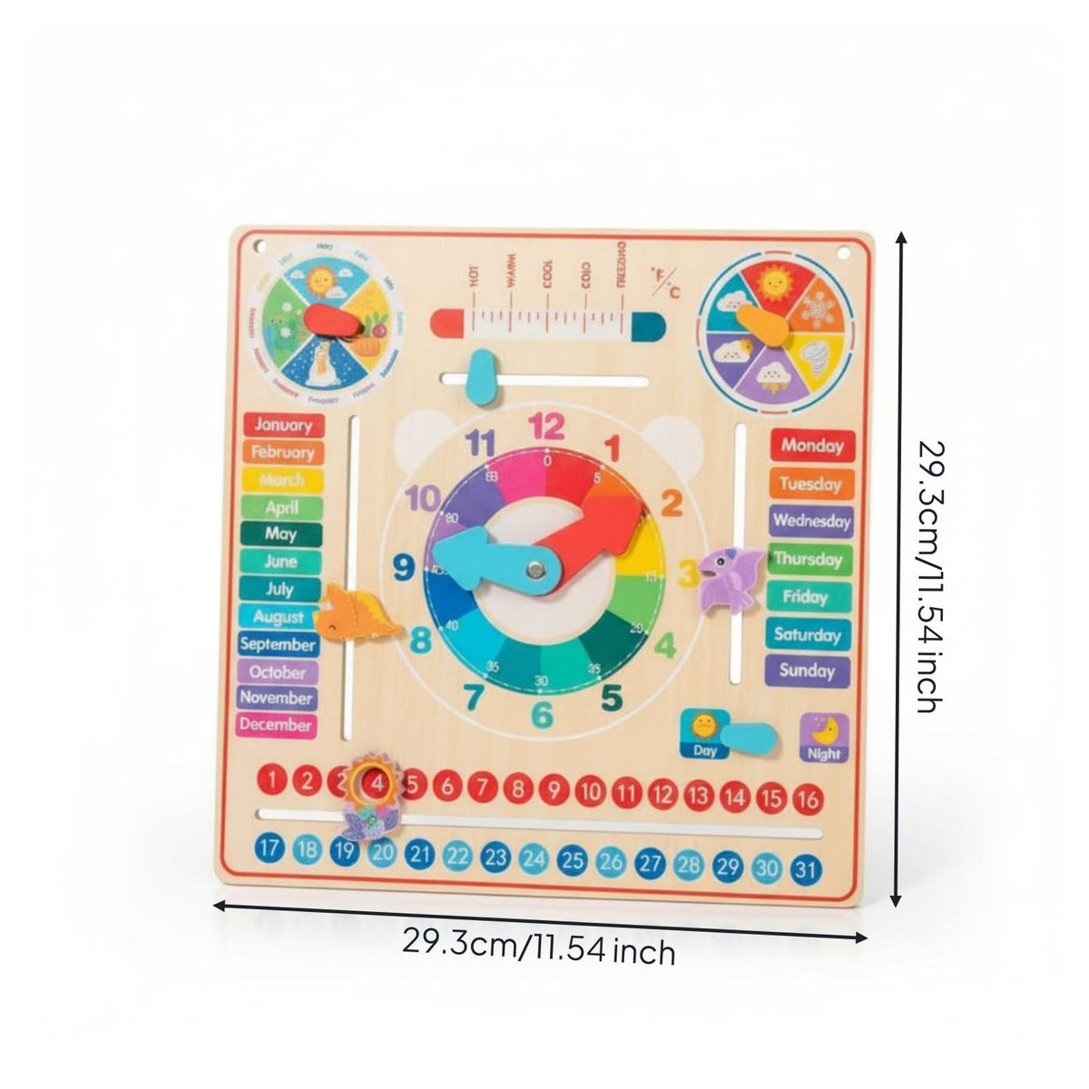Wooden Calendar Clock Educational Board Time Teaching Toy Learning Board Timepiece with Rotating Dials Temperature and Daylight Tracking Suitable for classrooms playrooms Home desks