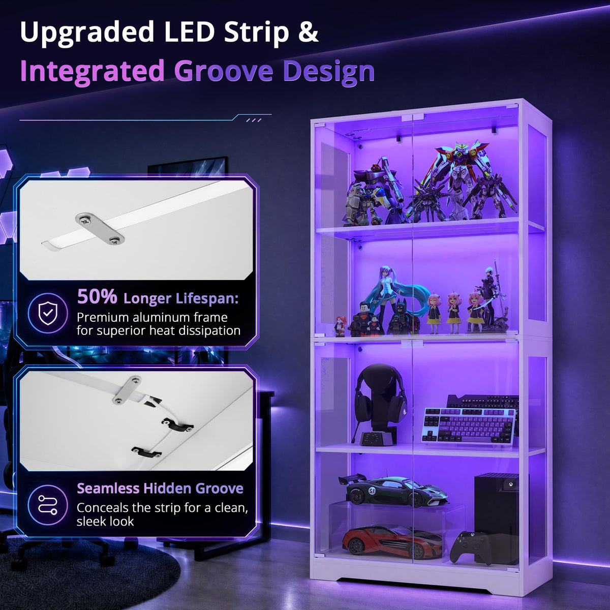 Single Door Glass Display Cabinet White with RGB LED Lighting, Curio Showcase for Collectibles Toys Decor (W80xD35.5xH165cm)