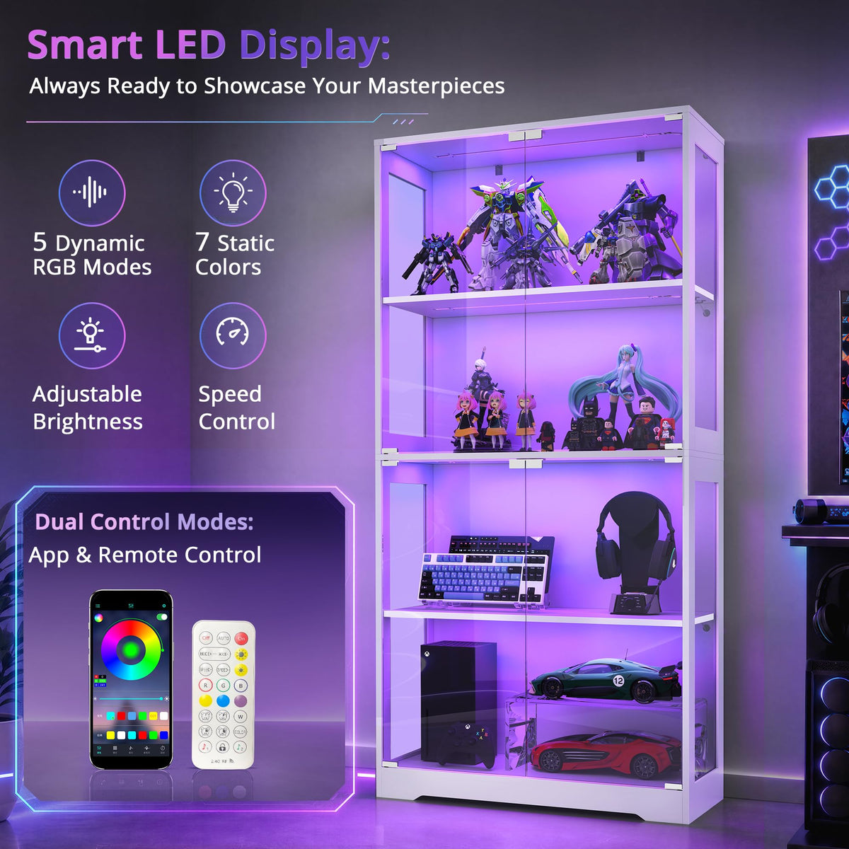 Single Door Glass Display Cabinet White with RGB LED Lighting, Curio Showcase for Collectibles Toys Decor (W80xD35.5xH165cm)