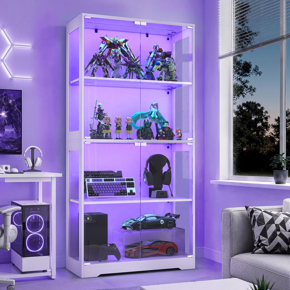 Single Door Glass Display Cabinet White with RGB LED Lighting, Curio Showcase for Collectibles Toys Decor (W80xD35.5xH165cm)