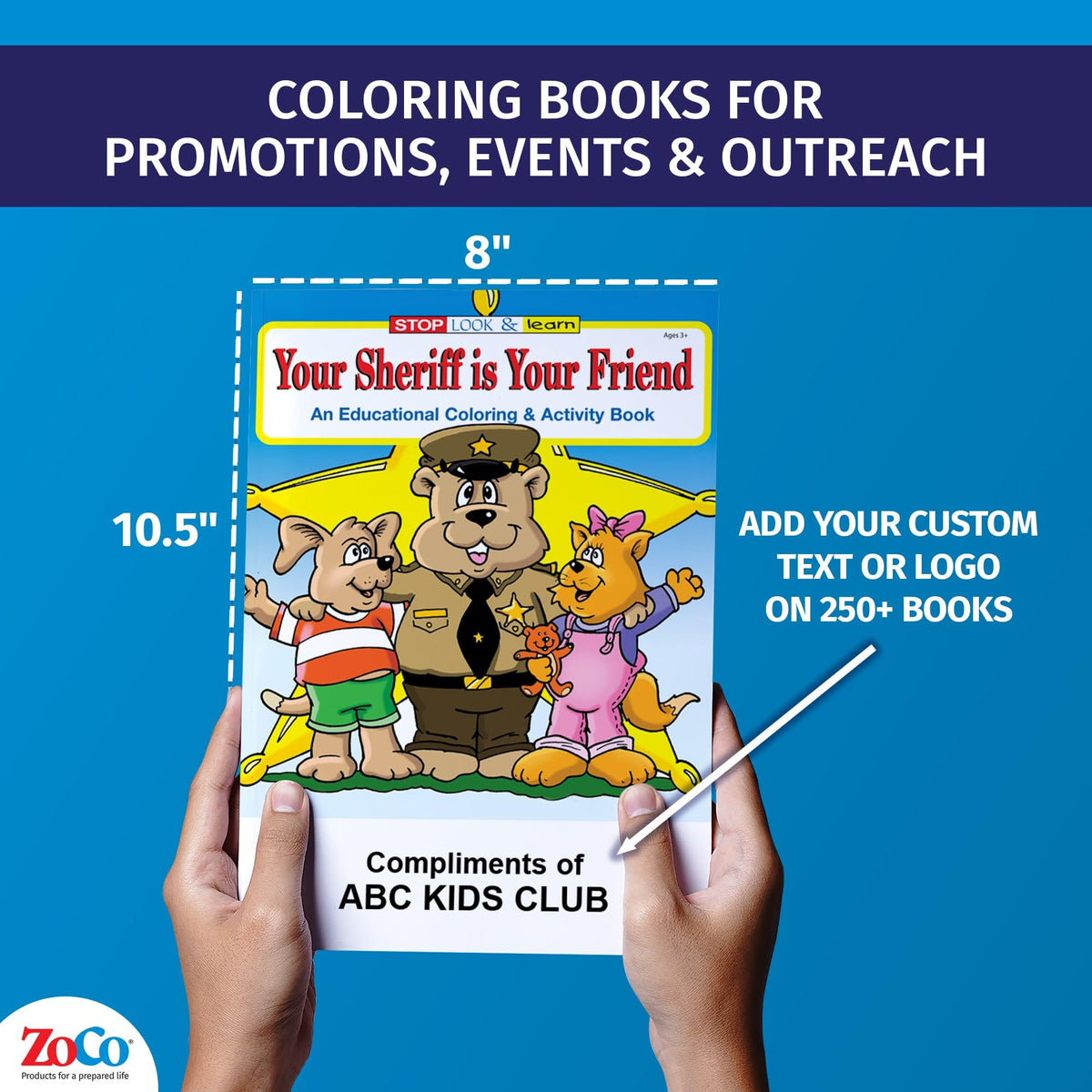 ZOCO – The Sheriff is Your Friend – Custom Educational Coloring Books (250 Bulk Pack, With Crayons) – Promotional Police Toys, Activities for Kids