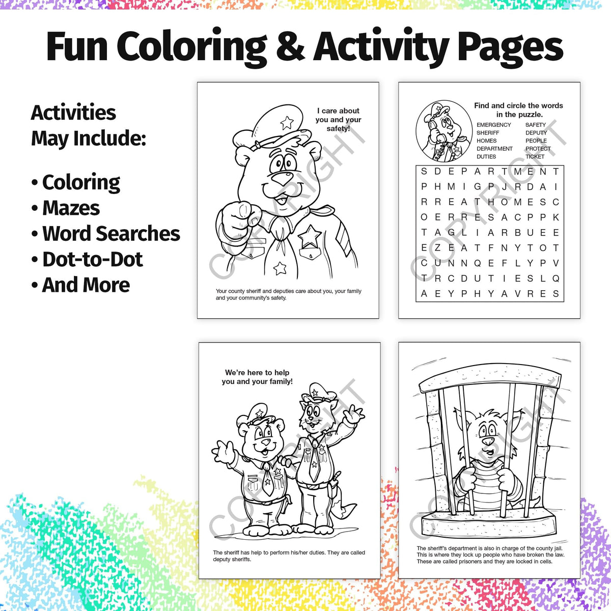 ZOCO – The Sheriff is Your Friend – Custom Educational Coloring Books (250 Bulk Pack, With Crayons) – Promotional Police Toys, Activities for Kids