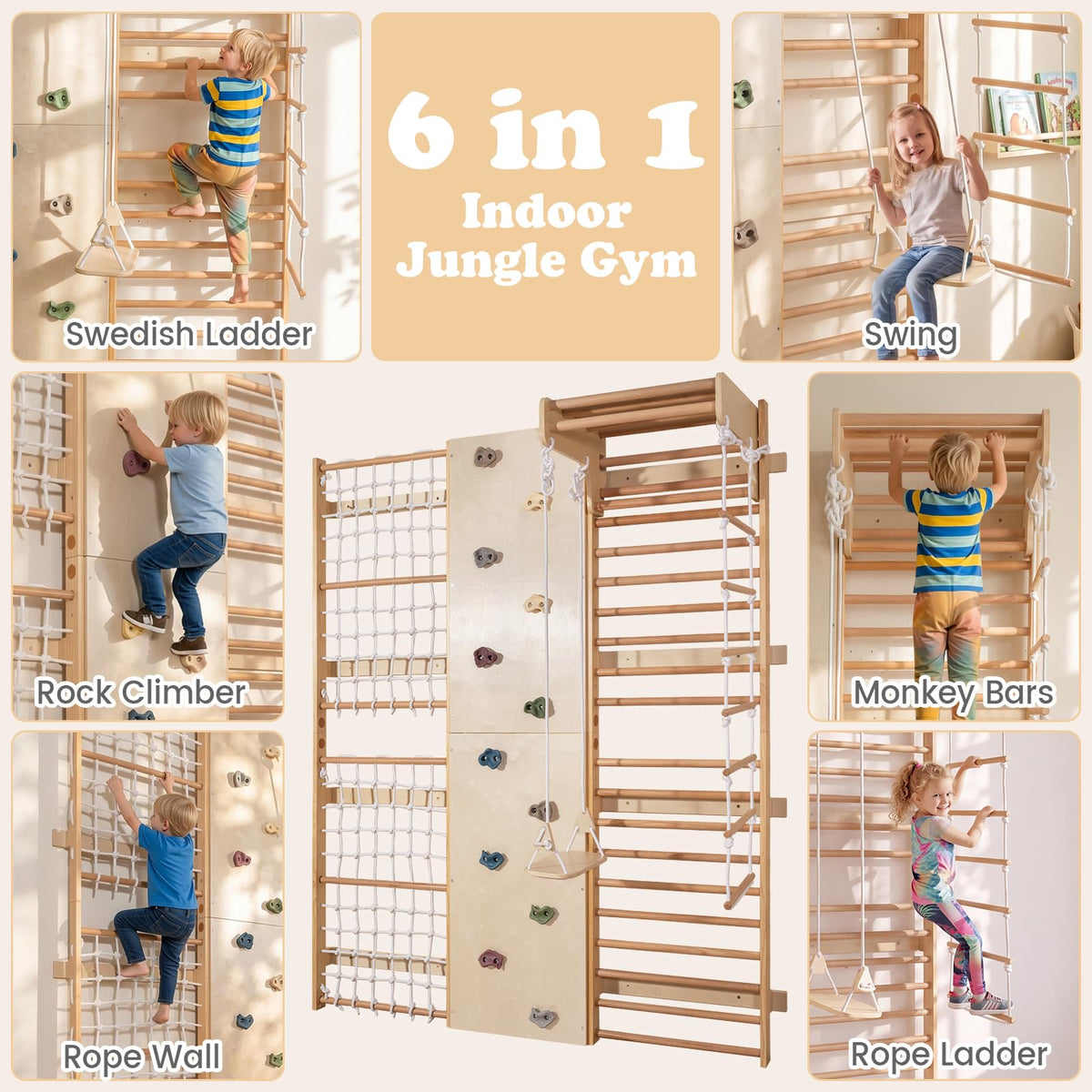 OLAKIDS Toddler Climbing Toys Indoor, 6 in 1 Swedish Ladder Wall Gym Kids