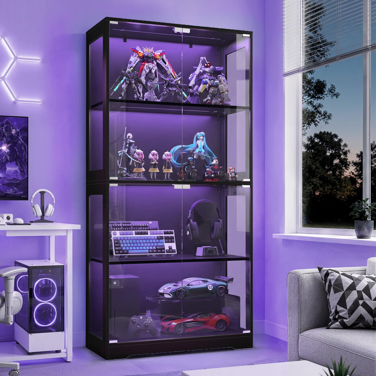 Single Door Glass Display Cabinet White with RGB LED Lighting, Curio Showcase for Collectibles Toys Decor (W80xD35.5xH165cm)